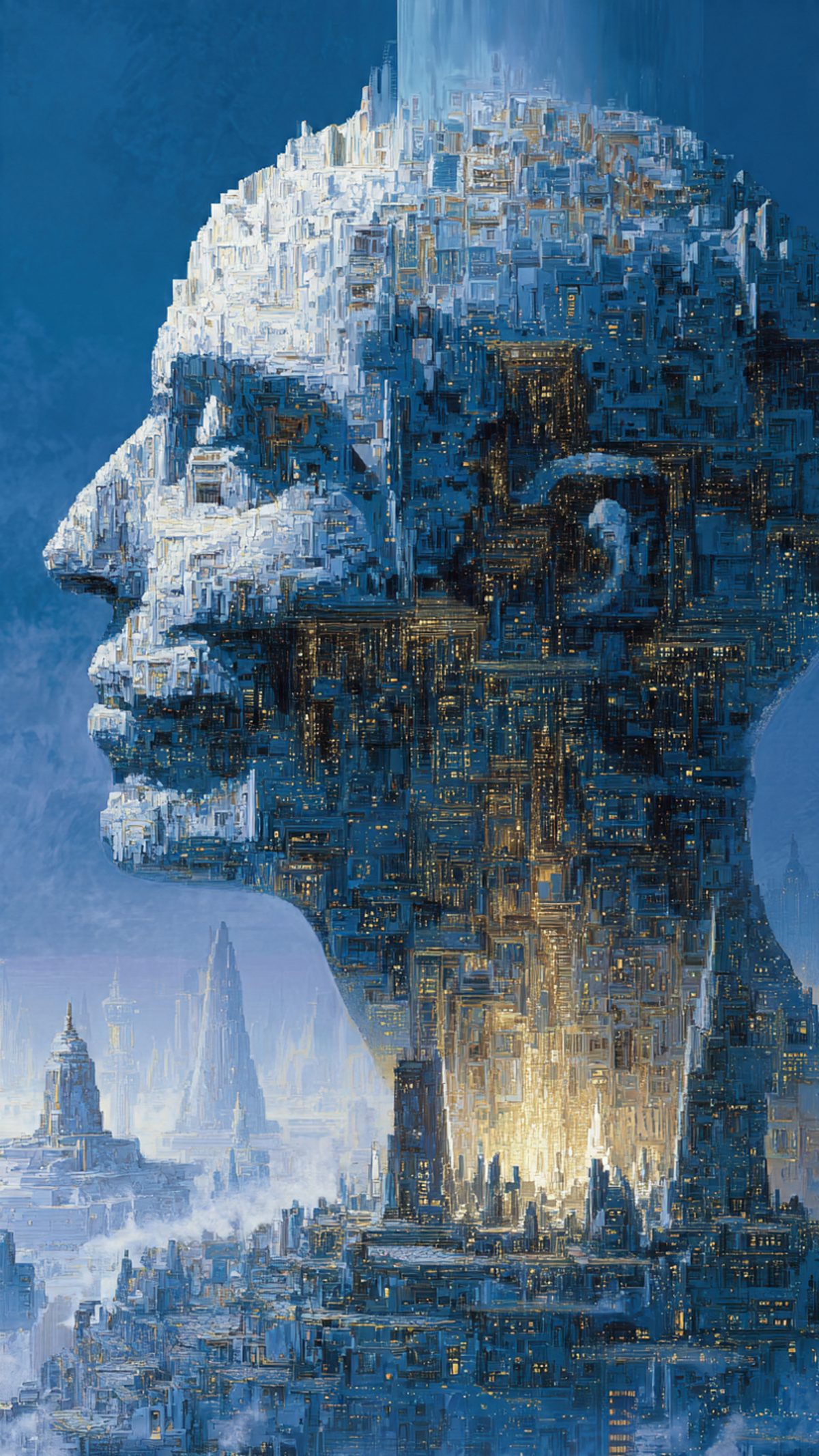 Chip2 — a profile head built of a city: towers, windows and golden interior lights in deep blue haze