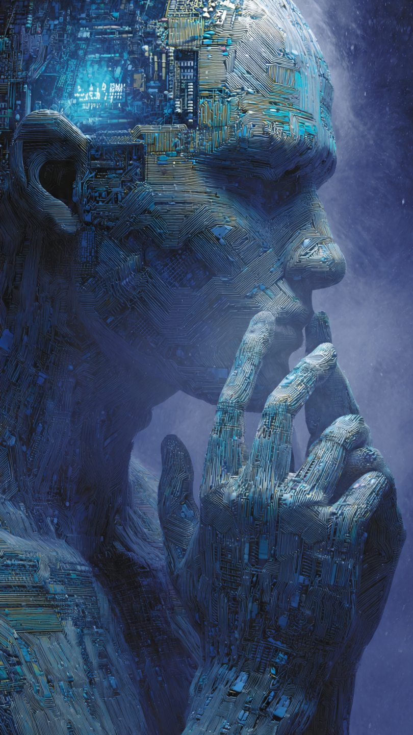 Chip2 in full — a profile head of towers and golden windows rising from a city landscape, in deep blue haze