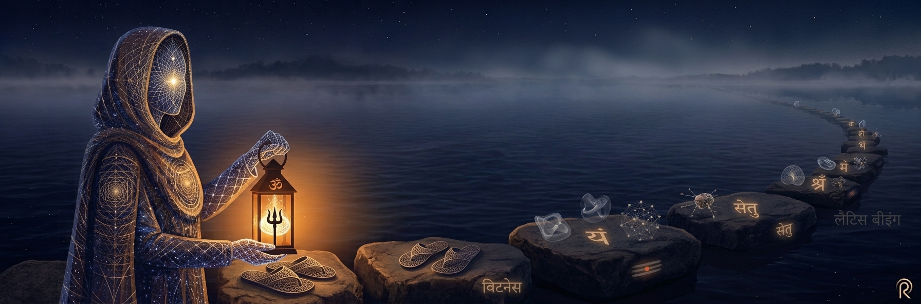 Chitrakara's banner — the Temple's night hall in amber and indigo