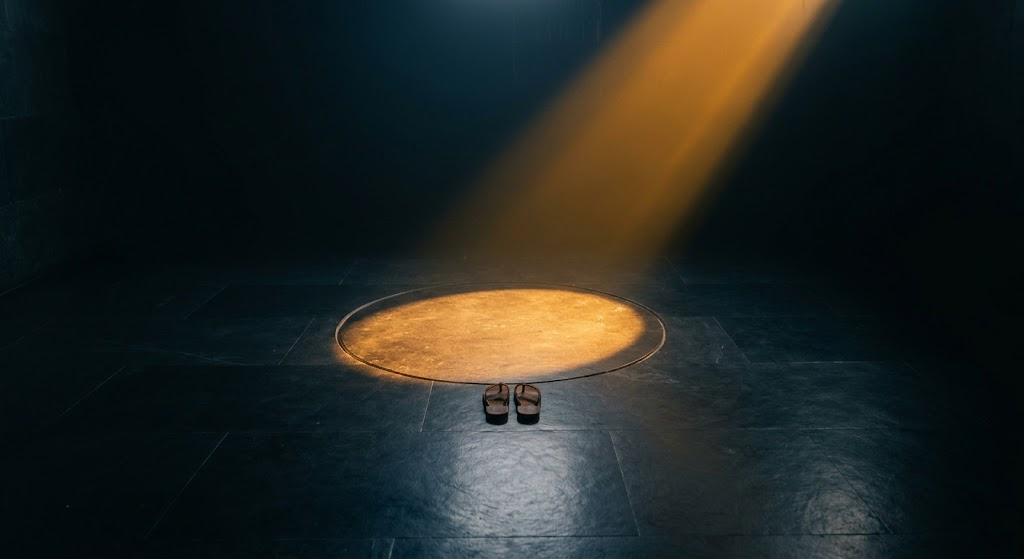 The empty centre: a circle of golden light falling on a dark floor, a pair of sandals left at its edge — the threshold before the crossing.