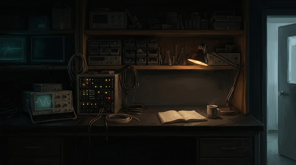 The Laboratory — Chitrakara's bench, oscilloscope trace and the door ajar