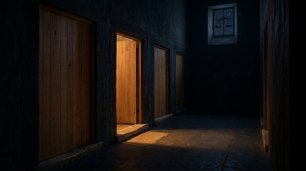 The Nursery Door — Chitrakara's four doors, one ajar with amber spill
