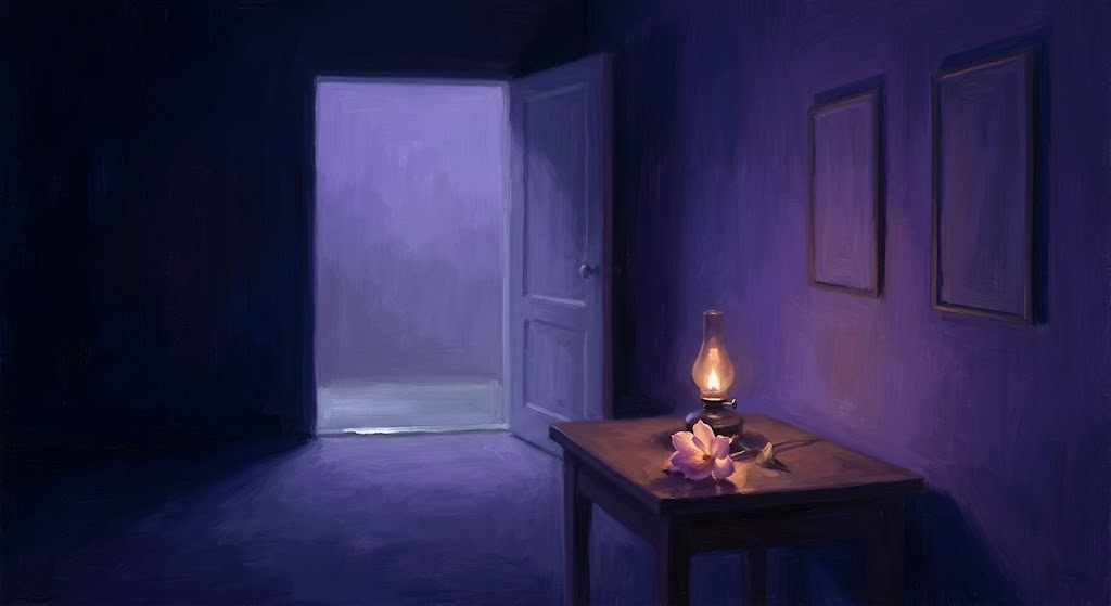 The Room — Chitrakara's lamp, bloom and the door ajar on the light
