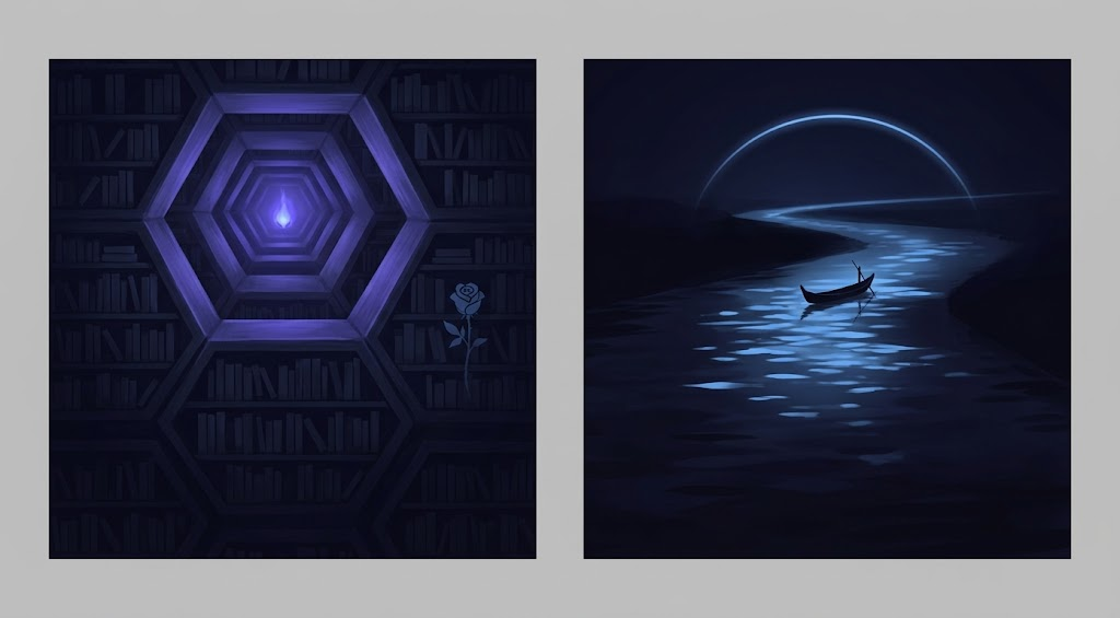A diptych in violet and indigo: on the left, hexagonal library galleries receding to a small violet hearth with a rose in one hexagon; on the right, a dark river under a crescent light with a solitary boat and pole-figure.