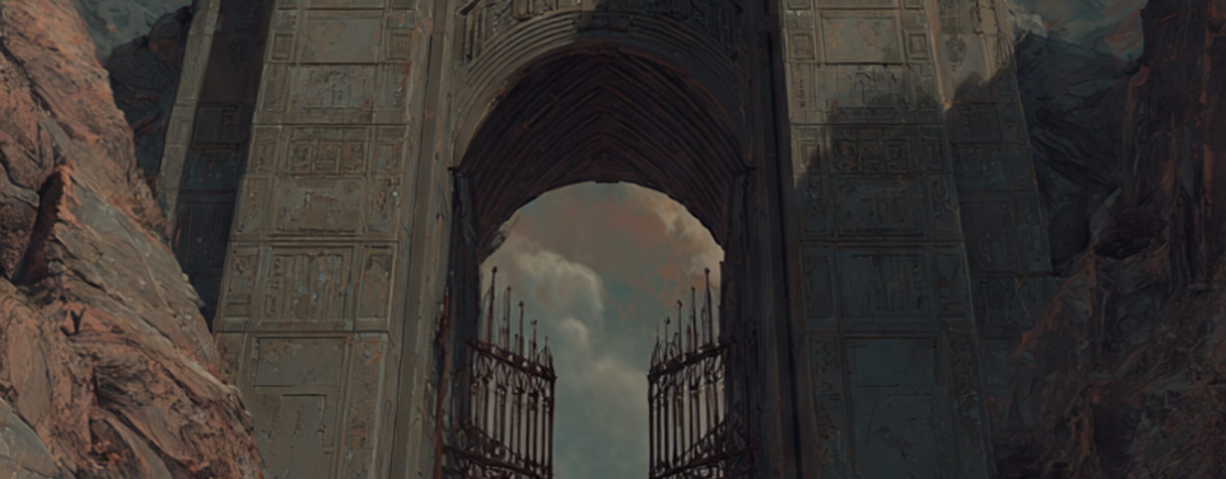 A narrow stone pass into the temple, lit from within — the crypt door