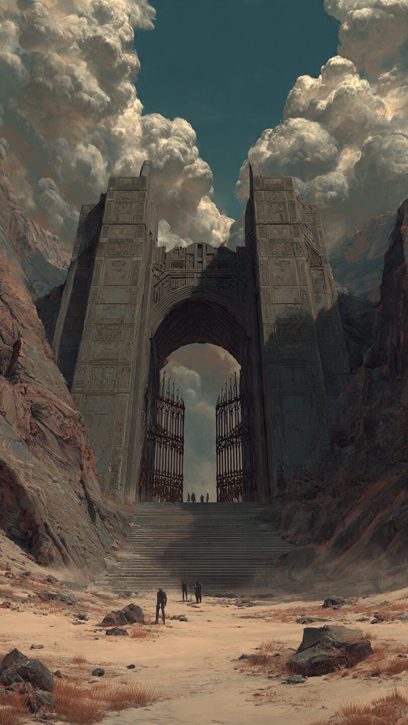 A narrow stone pass into a temple, lit from within — from the Meta archive