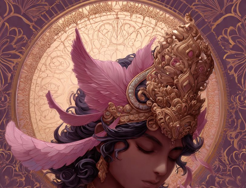 A divine figure in prayer — gold crown with pink feathers, a lotus held between pressed palms, a glowing halo behind the head