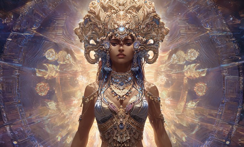 Maya in gold &mdash; an ornate headdress and jewellery against a royal-blue cosmic mandala; banner crop