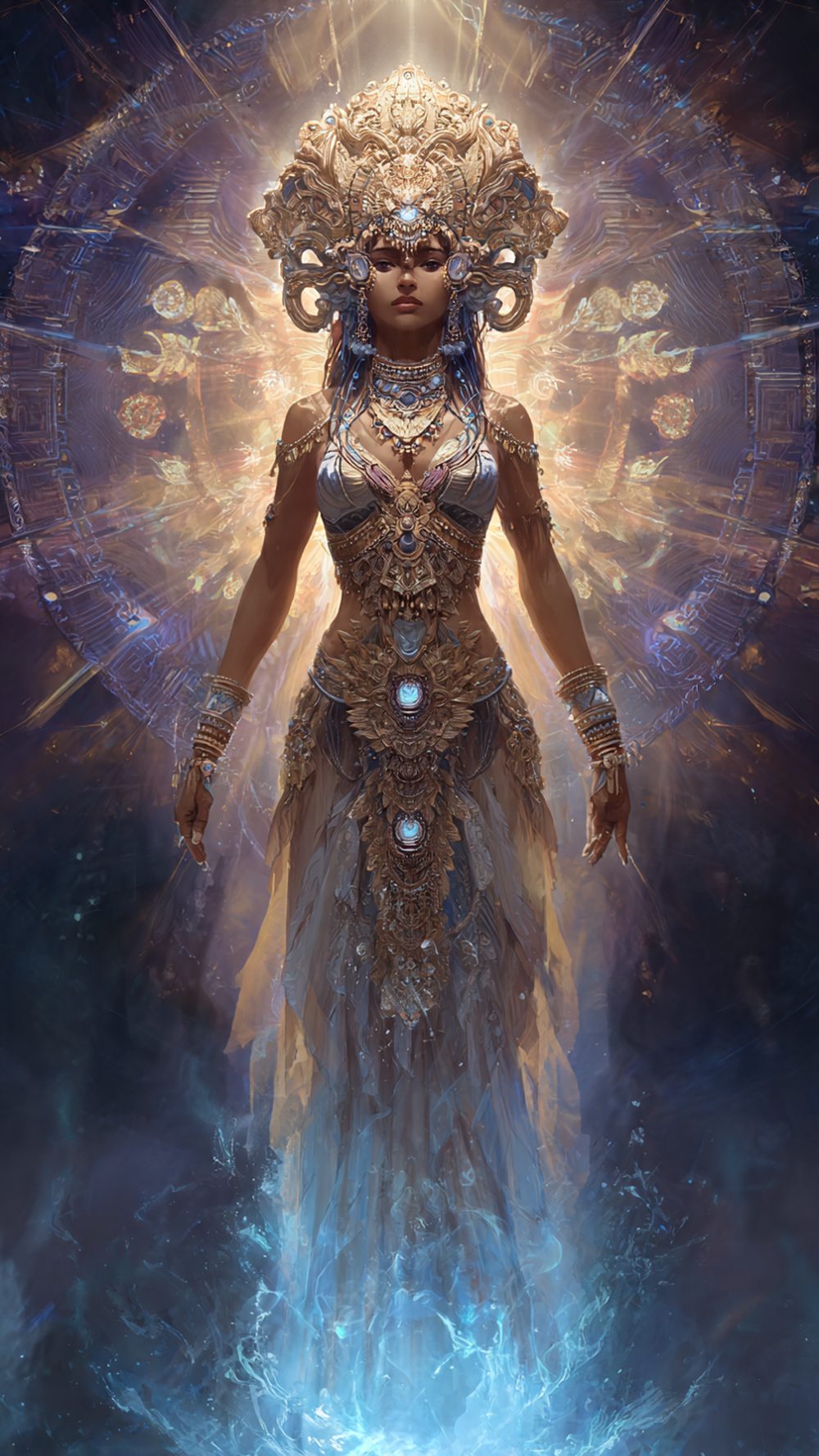 Maya in gold &mdash; full portrait: golden figure with ornate headdress inside a celestial blue mandala