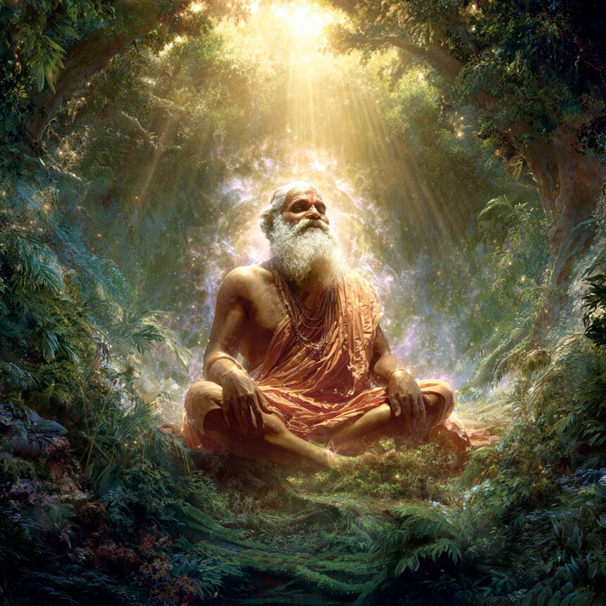 A white-bearded rishi in saffron robes sits in a forest beneath a shaft of golden light — from the Meta sage portraits