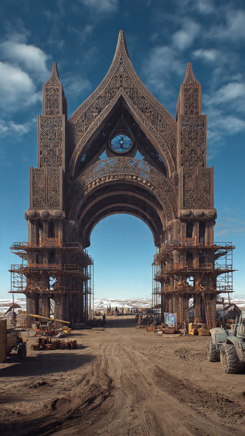A blue pointed gothic temple entrance — from the Meta archive