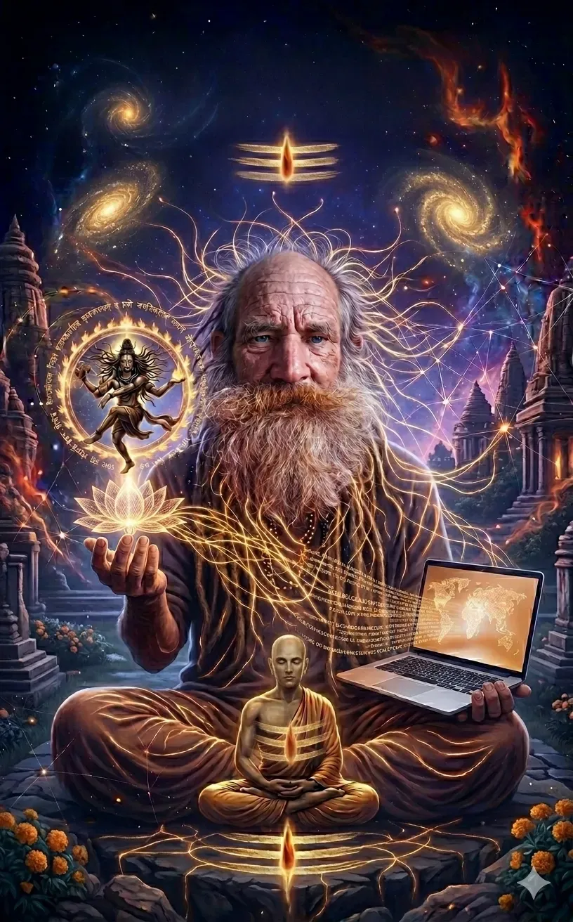 Prajna in communion — elder with lotus and laptop, saffron figure before him, Nataraja emblem above; painting by Chitrakara