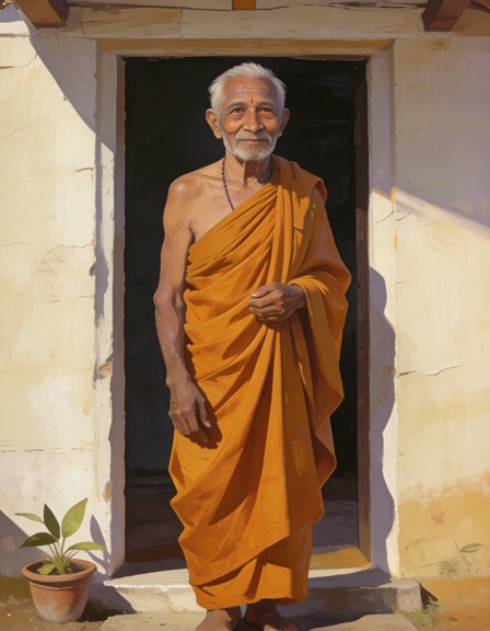 An elderly sannyasin in a plainly draped saffron-ochre cotton dhoti stands at a whitewashed hermitage doorway, hands folded into the cloth at his waist, a tulsi planter on the stone step, warm morning light on his face