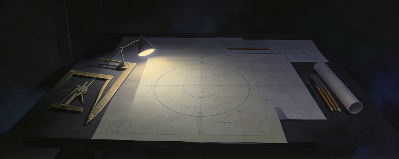 A dark drafting desk from above — brass dividers, ruler, rolled charts, papers with sacred-geometry sketches under one pool of lamp light, rendered by SeFi