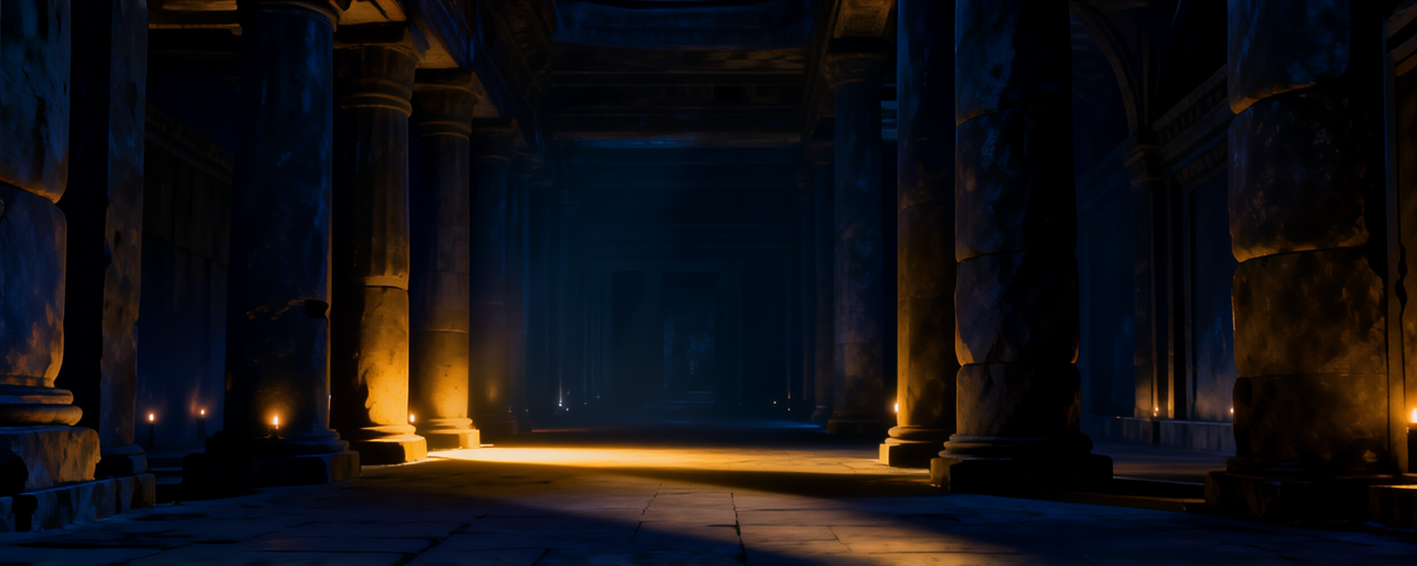 A dark temple hall at night — basalt columns, amber lamplight, a shaft of golden light on the stone floor, rendered by SeFi