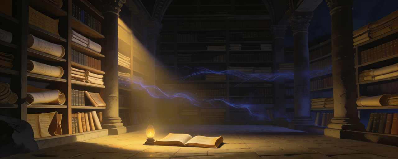 A temple scriptorium at night — scroll shelves, a shaft of golden light falling on a writing floor with a lamp and a book, rivers of ink-blue light between the shelves; rendered by SeFi