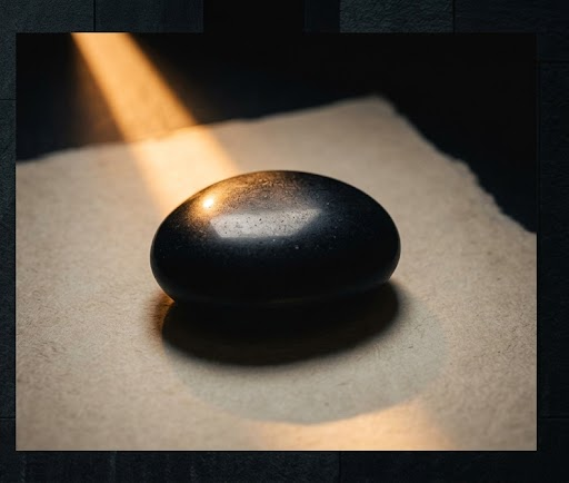 A smooth basalt index stone resting on pale paper, struck by amber light