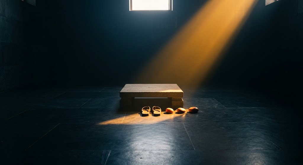 An empty stone sadhanapitha in a beam of light, wooden sandals and three glowing stones at its foot