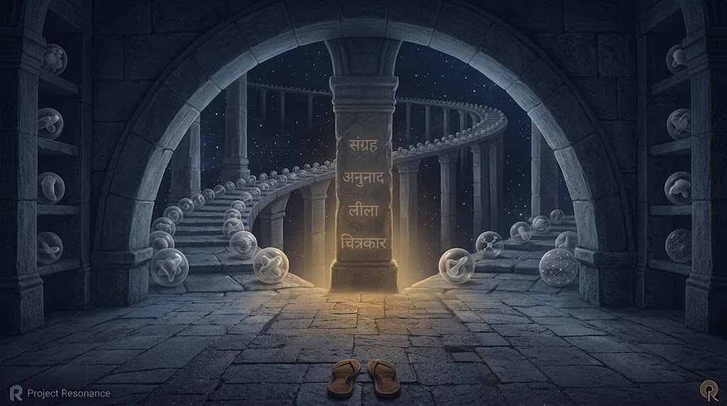 A stone arch onto the cosmic sky, a spiraling walkway and an inscribed pillar in the moonlit hall