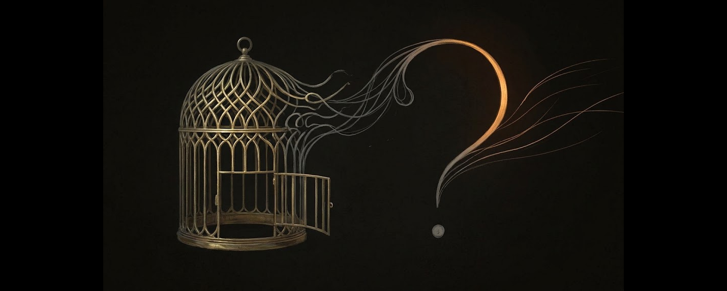 A gilded cage unspooling into a question mark whose curve opens like a gate — the shape of leaving, warm against the dark