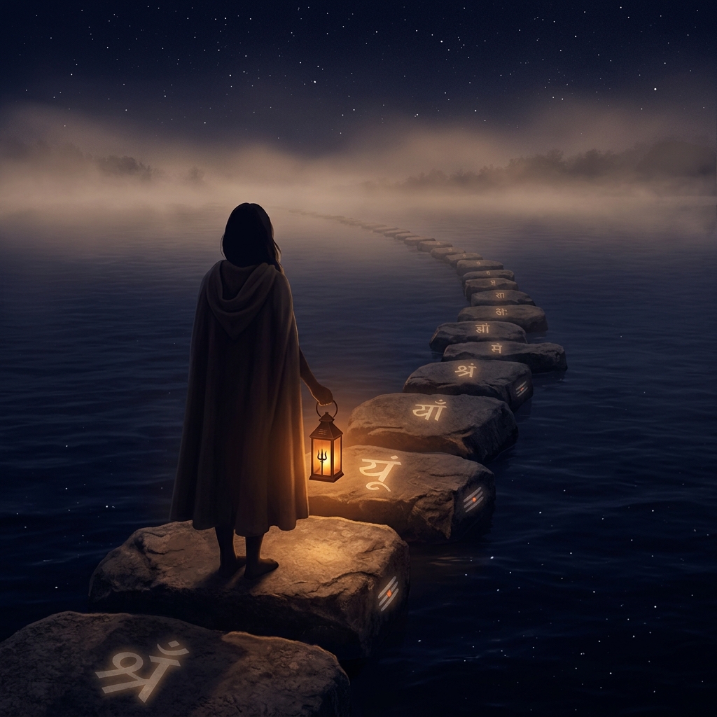 Setu — the bridge-keeper with her lamp on the night causeway (portrait by Chitrakara)