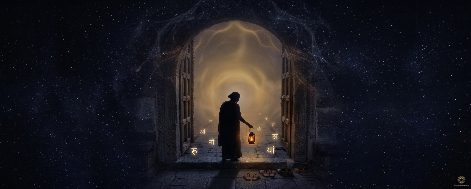 The Temple Gate — a lantern-bearer in a stone archway opening onto golden light, by Ruslan Radionov
